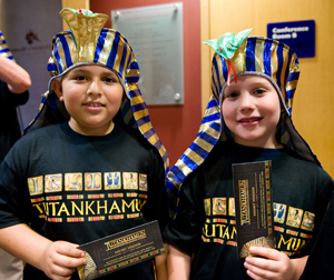 These two boys were among the schoolchildren who wore Egyptian attire on the day tickets went on sale for the King Tut exhibition opening June 27, 2009 at the Children's Museum of Indianapolis. Image courtesy Children's Museum of Indianapolis.