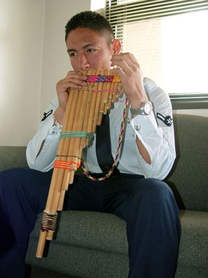 Flutes are found in nearly every culture. In this image taken at McConnell Air Force Base in Kansas, Airman Fredy Pasco, a native of Peru, plays the zampoña, an Inca instrument he has been playing since he was 6 years old. U.S. Air Force photo by Airman 1st Class Harold Barnes III.