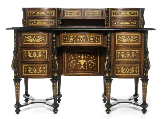 Continental marquetry bureau mazarin, the superstructure fitted with six drawers, the case with an additional seven drawers and a door, raised on tapering octagonal legs, the whole with animal and floral inlays throughout. Height 42 1/2 x width 57 x depth 25 3/4 inches. Estimate $2,000 to $4,000. Image courtesy Leslie Hindman Auctioneers.