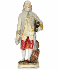 This 15-inch Staffordshire figure of Benjamin Franklin in Colonial dress was made in 1876 for the Centennial celebration. It sold for $1,180 at a spring Early American History auction in Rancho Santa Fe, Calif.