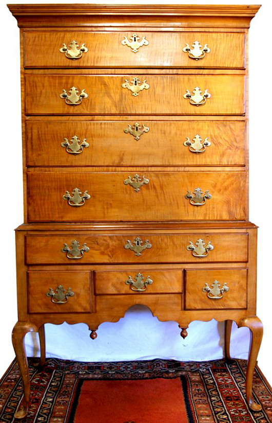 American maple highboy, 18th century, probably New Hampshire origin, 65 inches tall. Estimate $8,000-$10,000. Image courtesy LiveAuctioneers.com and DuMouchelles.