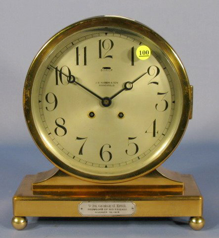 Friends presented this Chelsea No. 86730 brass clock to a doctor in 1915. The 8-inch dial is marked J.B. Hudson & Son, Minneapolis, which was likely the retailer. Image courtesy Tom Harris Auctions.