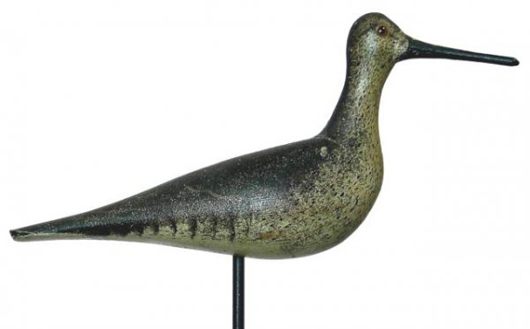 Mason factory snipe, circa 1898, one of only three known. Estimate $20,000-$30,000. Image courtesy LiveAuctioneers.com and Decoys Unlimited.
