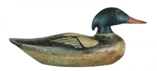 Red-breasted merganser drake by Thomas Wilson (1863-1940). Estimate $15,000-$25,000. Image courtesy LiveAuctioneers.com and Decoys Unlimited.