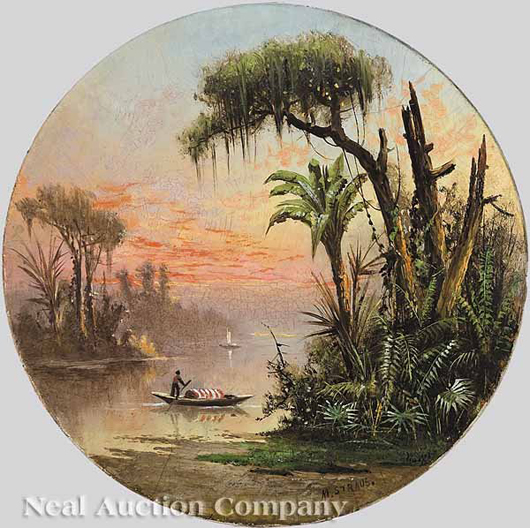 Dusk on the Louisiana Bayou, circular 10-inch painting by Meyer Straus, $25,850. Image courtesy Neal Auction Co. 