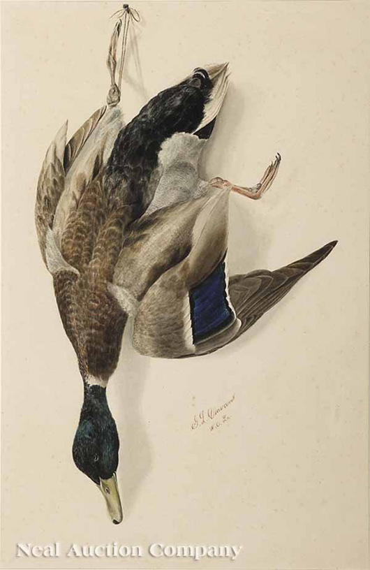 Nature Morte: Mallard Duck, watercolor still life by George Louis Viavant, $27,025. Image courtesy Neal Auction Co.