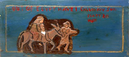 Josephus Farmer's ‘Out of Egypt' is relief carved and polychrome painted wood. Image courtesy Kimball M. Sterling Inc.
