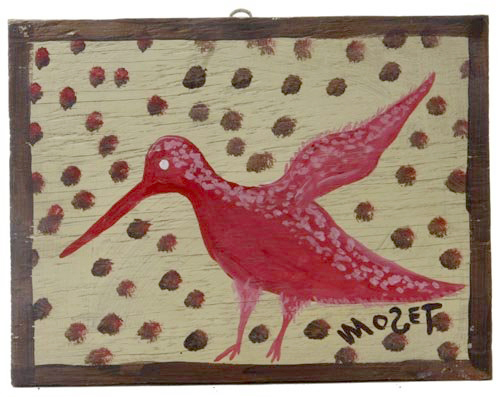 Mose Toliver used paint and mud on board for his early ‘Bird,' which measures 9 by 12 inches. Image courtesy Kimball M. Sterling Inc.