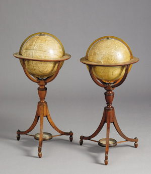 Pair of 12-inch Regency library globes by Newton. Estimate: $15,000-$20,000. Image courtesy Skinner Inc.
