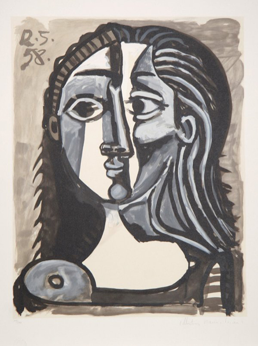 This lithograph of Pablo Picasso's ‘Tete De Femme' was published between 1979 and 1982. It measures 29 by 22 inches and has a $3,000-$3,500 estimate. Image courtesy Ro Gallery.