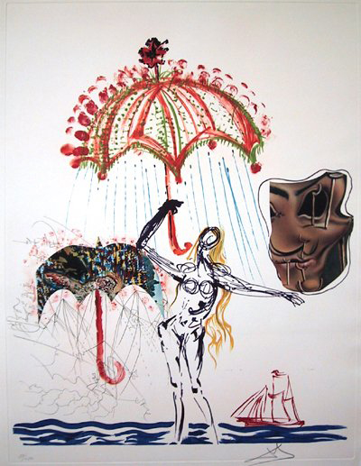 ‘Anti-Umbrella With Atomized Liquid' is from Salvador Dali's portfolio ‘Imaginations and Objects of the Future.' The 30- by 22-inch print carries a $4,000-$4,500. Image courtesy Ro Gallery.