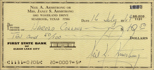 One-of-a-kind item from the first man on the moon, a personal check, 6 inches by 2.75 inches, filled out and signed in-full (including the rarely-seen middle initial), by "Neil A. Armstrong," payable for $10.50 to NASA official Harold Collins on the day of the Apollo 11 launch, July 16, 1969. Courtesy RR Auction.