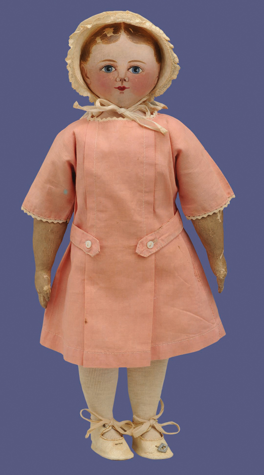 All-original 1918 Maggie Bessie cloth doll with hand-painted face, made by sisters Maggie and Bessie Pfohl of Old Salem, N.C. Estimate $12,000-$13,000.
