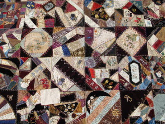 Church ladies made this crazy quilt for the hospitalized wife of their minister in 1884. Image courtesy Auctions Neapolitan.