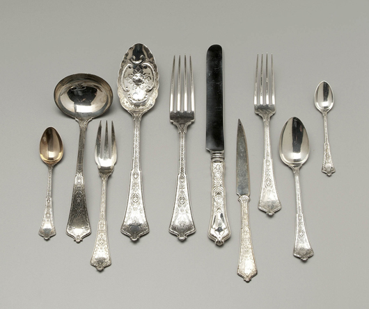 Comprising 10 of the 102 pieces of Tiffany Persian sterling flatware, this set realized $6,900.