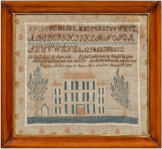 The yellow house at the bottom of Virginia Miles' 1844 sampler is a bit faded, but the stitchery is typical of Shenandoah Valley samplers from 1825 to 1845. It went far beyond its modest $1,000-$2,000 estimate and sold for $18,400.