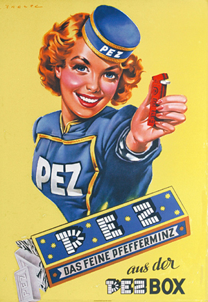 An original 1955 advertising sign for PEZ candies featuring the company's trademarked PEZ Girl sold on Sept. 24, 2005 at Jorgen Wiegelt Auktionen for $619. Image courtesy LiveAuctioneers.com Archive and Jorgen Wiegelt Auktionen. PEZ is a registered trademark of Pez Candy, Inc.
