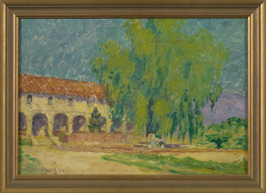 Sunlit View of the Mission, Santa Barbara, California by William Woodward (New Orleans, 1859-1939), 13_ inches by 19 7/8 inches, estimate $5,000-8,000. Image courtesy New Orleans Auction, St. Charles Gallery.