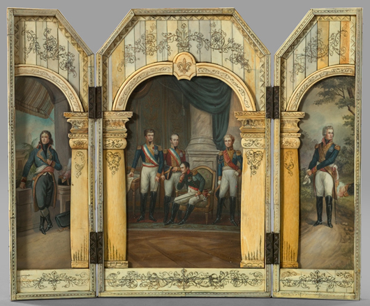 Rare French Napoleonic engraved bone triptych, fourth quarter 19th century. Image courtesy New Orleans Auction, St. Charles Gallery.