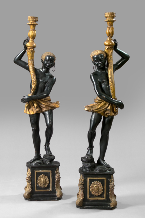 Pair of 18th-century-style Italian cast-brass blackamoors holding large cornucopiae, 71 inches tall, estimate $3,500-$5,000. Image courtesy New Orleans Auction, St. Charles Gallery.