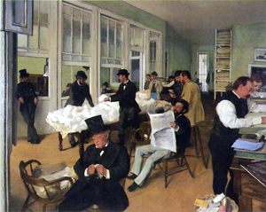 A Cotton Office in New Orleans (Portraits in a Cotton Office), painted by Edgar Degas in 1873 while he was living in New Orleans. Public domain image courtesy Wikipedia.org.