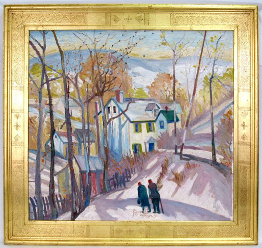 Joseph Barrett (American, b. 1935-) oil on canvas titled 'Buckingham Mountain Home in Snow: With Birds', 30 inches by 32 inches, estimate $3,000-$5,000. Image courtesy of LiveAuctioneers.com and Stephenson's Auctioneers.