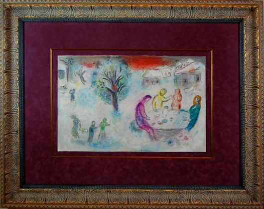 Marc Chagall's 1961 color lithograph ‘Le Repas Chez Dryas' is based on the Greek fable ‘Daphnis and Chloe.' It has a $16,650-$19,000 estimate. Image courtesy Baterbys Art Auction Gallery