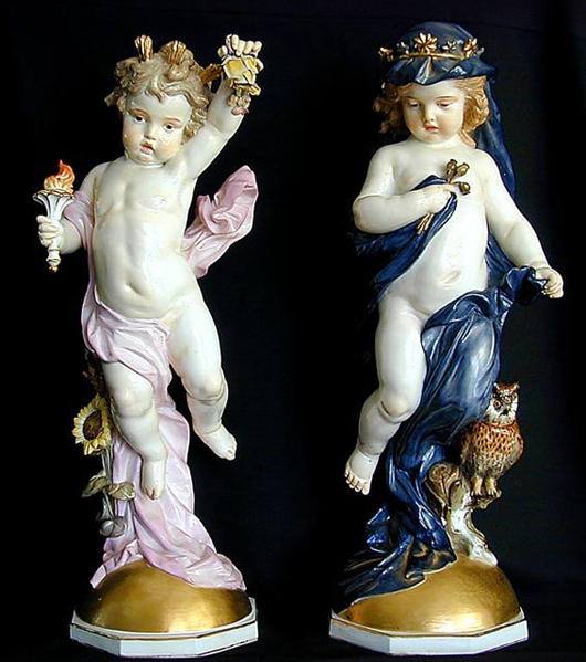 These 19th-century Meissen porcelain figures are all the more desirable for their large size: 20 and 21 inches. The pair is estimated at $1,000-$2,000. Image courtesy K&M Auction Liquidators.