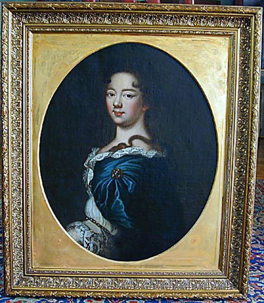 Anne Marie Bourbon, the princess of Conte, was the daughter of Louis XIV. This 18th-century portrait of her is 30 inches high by 23 1/2 inches high and has a $3,000-$4,000 estimate. Image courtesy K&M Auction Liquidators.