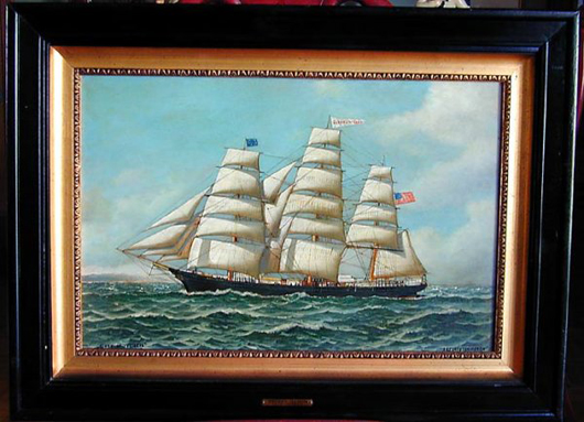 Antonio Jacobsen became one of the most prolific maritime painters of the late 19th and early 20th centuries. This oil on board titled ‘Glory Of The Seas' has a $6,000-$8,000 estimate. Image courtesy K&M Auction Liquidators.