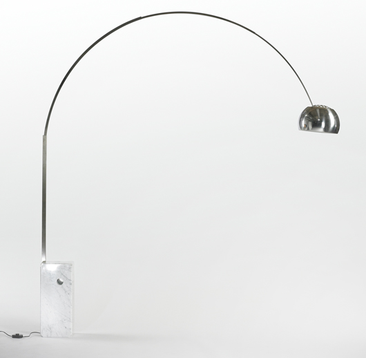 An Achille and Pier Giacomo Castiglioni Arco floor lamp, marble base, with telescoping arm, made by Flos, designed circa 1962, was estimated at $700-900. It sold for $2,375. Image courtesy Wright.