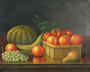 Still Life with Peaches, Melon, and Grapes, Levi Wells Prentice (American, 1851-1935), oil on canvas, 16 inches by 20 inches, signed lower right. Estimate $25,000-$35,000. Image courtesy Trinity International.