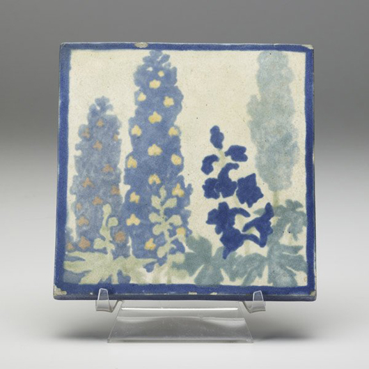 An impressed mark identifies this 5 3/4-inch-square tile as the work of Marblehead Pottery. The starting bid for this Discovery Auction lot Aug. 7 is $200. Image Courtesy Rago Arts and Auction Center.
