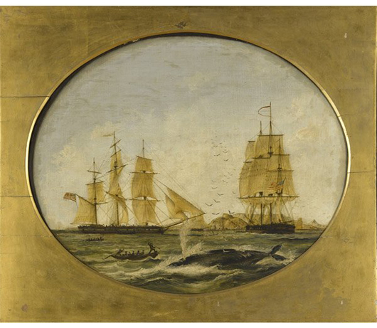 ‘The Charles Morgan Off Cape of Good Hope' is the title of this 19th-century nautical painting by an unknown artist. Image Courtesy Rago Arts and Auction Center.