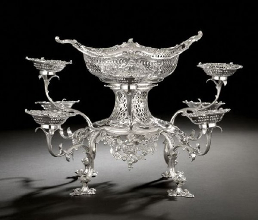 London silversmith John Christopher Romer crafted this early George III sterling epergne in 1765-1766. Weighing 159.53 troy ounces, the rococo silver masterpiece has an estimate of $18,000-$25,000. Image courtesy New Orleans Auction Galleries.