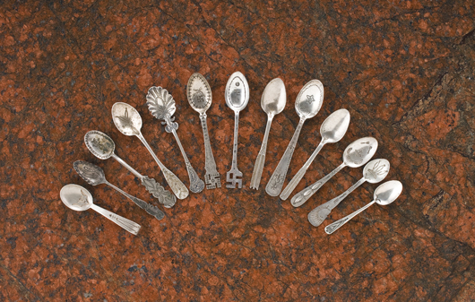 Handmade silver spoons featuring variety of Indian motifs sold for $1,175 in Cowan's American Indian and Western Art Auction in April. Image courtesy Cowan's.