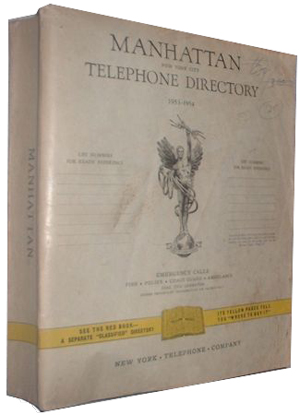 The Spirit of Communications, or Golden Boy, appeared on telephone books in the Northeast during the early to mid-20th century. An example is this 1953-1954 Manhattan telephone book. Image courtesy of Gwillim Law, www.oldtelephonebooks.com.