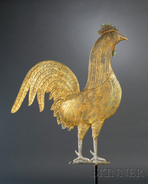 Lot 655 Large molded and gilded sheet-copper rooster weathervane attributed to J.W. Fiske, New York, late 19th century, est. $3,000-$5,000. Image courtesy LiveAuctioneers.com and Skinner Inc.