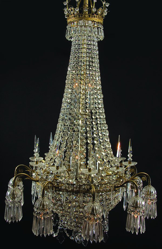 Many lighting fixtures will be sold at Jackson's auction Aug. 15, but none brighter than the 60-inch-tall Austrian gilt bronze and cut crystal chandelier. Probably made by Lobmeier, the chandelier has a $3,000-$5,000 estimate. Image courtesy Jackson's.
