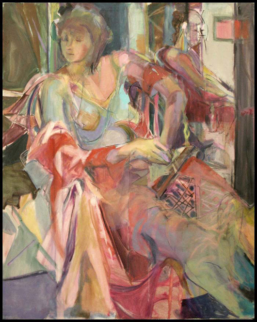 Jeanne Esposito (American, 20th century) oil on canvas of figures in an artist¹s studio, 50 inches by 40 inches, estimate $300-$500.