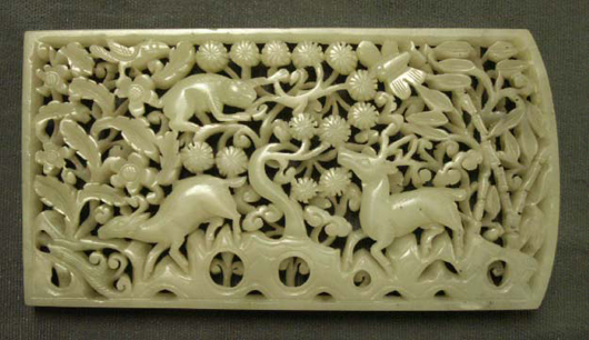 Chinese carved nephrite jade scholar¹s belt plaque, Ming/Ching Dynasties, previously sold at Christie¹s New York in March 2009. Estimate $1,600-$2,000.