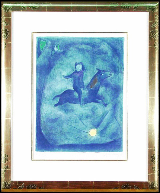 From the 1948 series Arabian Nights comes Marc Chagall's color lithograph ‘Mounting the Ebony Horse.' The vivid blues reflect the sultry nights of the Middle East, noted Clark Cierlak. Image courtesy Clark Cierlak Fine Arts.