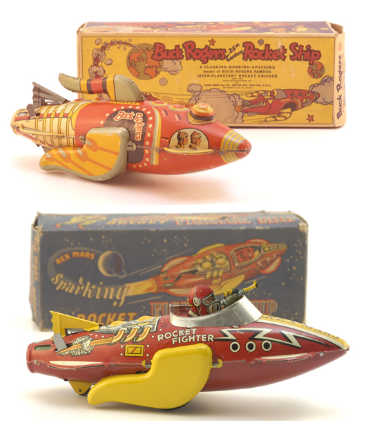 Clockwork lithographed tin Buck Rogers Rocket Ship and Rex Mars Rocket Fighter, both by Marx and retaining their original boxes. Each estimated at $1,000-$1,200.