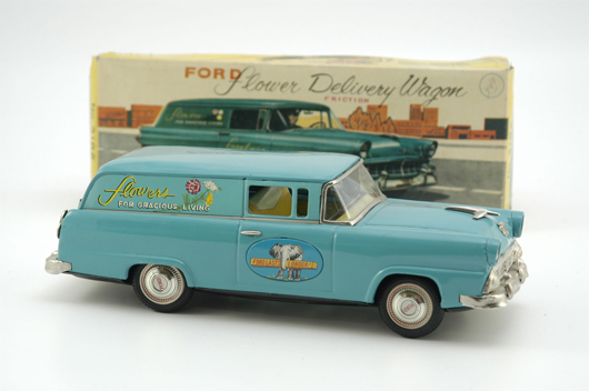 1956 Ford flower delivery station wagon, 11½ inches long, original decals, original box. Estimate $1,000-$1,200.