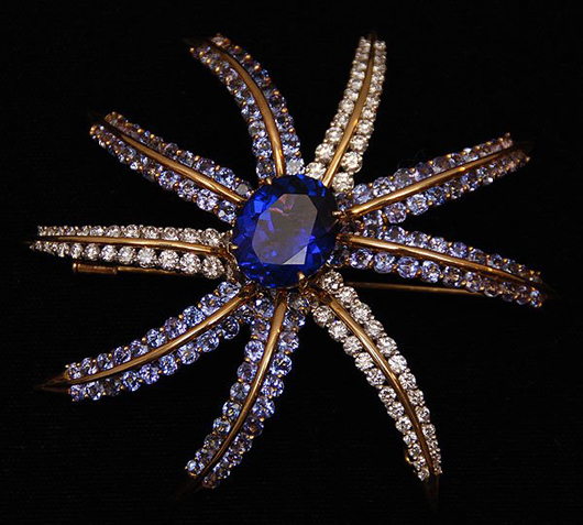 Tiffany & Co. sold this 18-karat tanzanite and diamond brooch in the early 1990s. It has a $7.500-$10,000 estimate. Image courtesy Bill Hood & Sons Art & Antique Auctions.