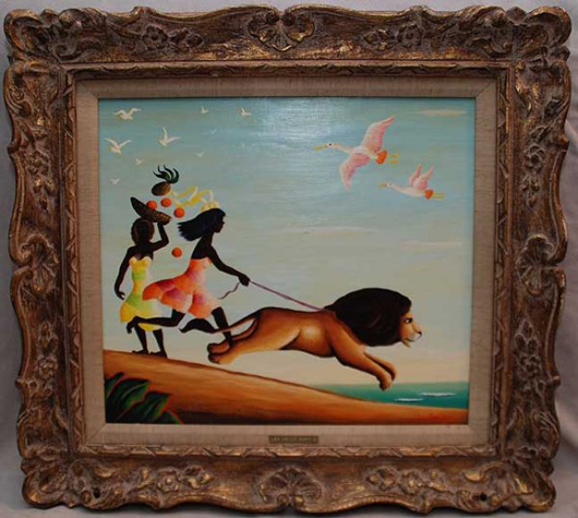 Orville Bulman painted ‘Les Voila Partis,' Lion at Beach, in 1976, two years before he died. The estimate on the 16- by 18-inch oil on canvas is $12,000-$18,000. Image courtesy Bill Hood & Sons Art & Antique Auctions.