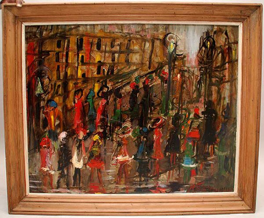 Janis Ferdinands Tidemanis' painting of multiple figures on a street is one of more than 30 works of Latvian/Russian art at Bill Hood & Sons' auction Aug. 18. Image courtesy Bill Hood & Sons Art & Antique Auctions.