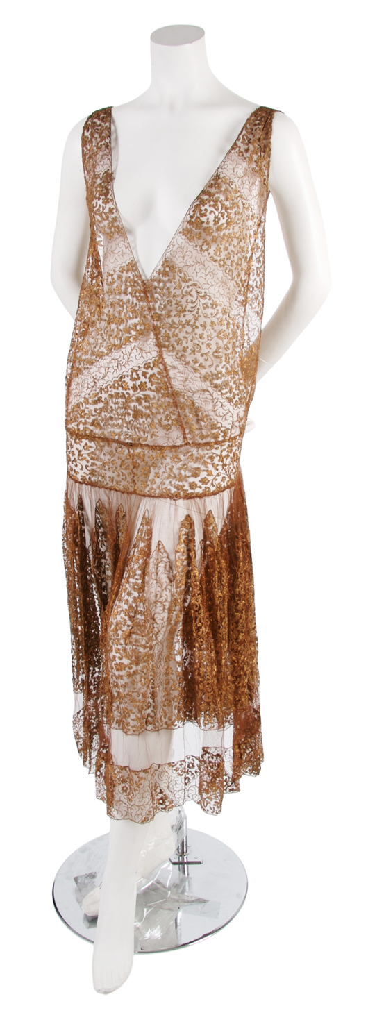 French couture copper lace dress, probably 1920s, with gold-thread embroidery throughout, flapper fit. Estimate $200-$400. Courtesy Leslie Hindman Auctioneers.