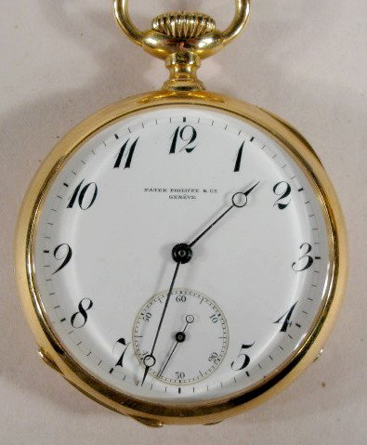 Online bidding has been heavy on this Patek Philippe 20-jewel pocket watch in an 18-karat gold case. Image courtesy Tom Harris Auctions.