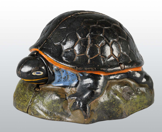 Cast-iron Turtle mechanical bank manufactured by Kilgore, $64,400 against an estimate of $25,000-$50,000 at Dan Morphy Auctions, Aug. 15, 2009. Image courtesy Dan Morphy Auctions.